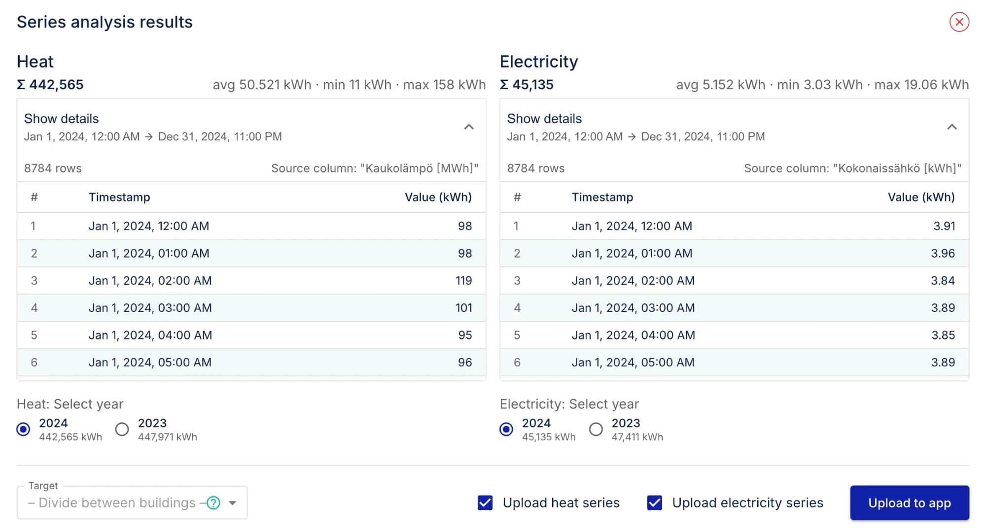 Apex Heat App's series analysis results: hourly heat and electricity series for 2024, 8784 rows each, with the year chosen separately for heat and for electricity
